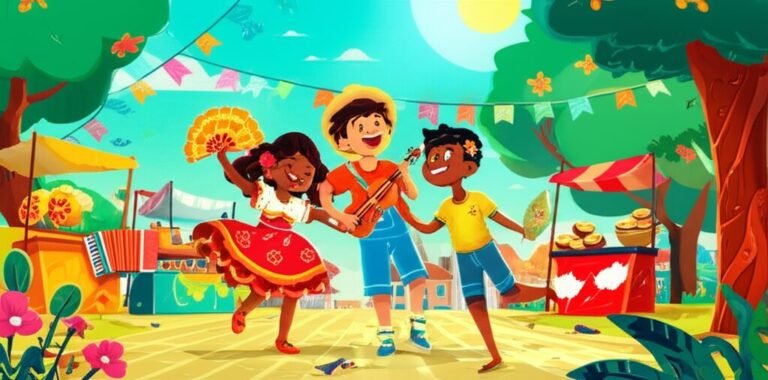 Ilustração da História Infantil sobre Diversidade Cultural: A Orquestra de Sons e Sabores de Vila Flor, com três crianças representando diferentes culturas brasileiras unidas em celebração.