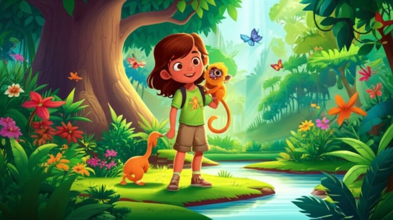História Infantil sobre Ecologia: Clara e o Sussurro do Rio Dourado. Imagem de Clara, uma menina, com o mico-leão-dourado Pingo no ombro, e o Vovô Jatobá, uma árvore gigante, em uma floresta tropical, simbolizando a aventura e o cuidado com o rio.