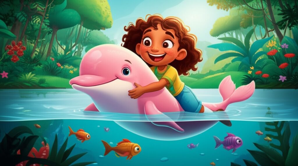 História Infantil sobre Ecologia: A Aventura do Rio Cristalino e o Guardião da Natureza, ilustrando a menina Lara e o boto-cor-de-rosa Jubileu em um rio cristalino cercado pela floresta.