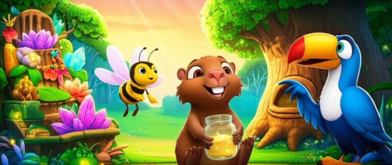 História Infantil sobre Economia e Finanças Básicas: Cadu, uma capivara, ao lado de Tucano Tobias e Abelha Florinda, em uma floresta brilhante, aprendendo sobre como poupar sementes de luz.