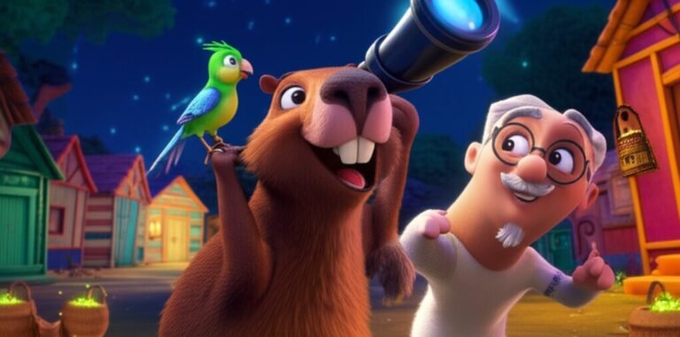 História Infantil: Capi Manoel, uma capivara, Professor João Tamanduá e Lia Sabiá observando as Constelações de Vagalumes através de um telescópio. A imagem representa a aventura da história infantil sobre economia e finanças básicas.