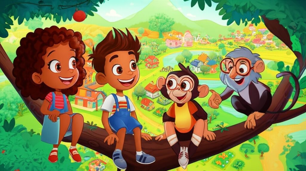 Imagem da História Infantil sobre Economia e Finanças Básicas, apresentando Clarinha, Bento e o Professor Sabichão explorando a Vila da Prosperidade.