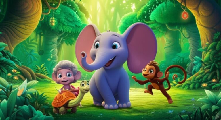 História Infantil O Coração Brilhante da Floresta Viva, ilustra o elefante Bento, a macaca Cíntia e a jabuti Vovó Jurema em sua emocionante aventura pela Floresta Viva, buscando o Coração Brilhante e descobrindo o valor da amizade.
