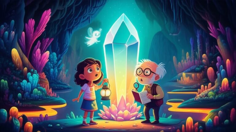 História Infantil O Enigma do Cristal Sensível no Coração da Terra: Ilustração de Lila, Professor Amâncio e Flora em um ecossistema subterrâneo de cristais brilhantes, representando a descoberta da importância das emoções.