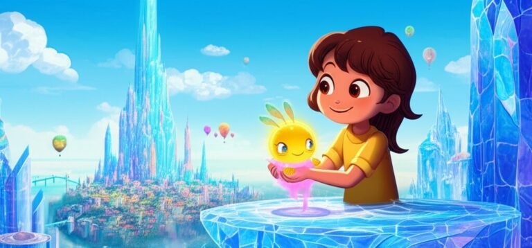 Uma ilustração colorida da História Infantil O Segredo Cintilante de Aurora Celeste, mostrando a menina Lírio e a criatura luminosa Faísca em uma cidade flutuante.