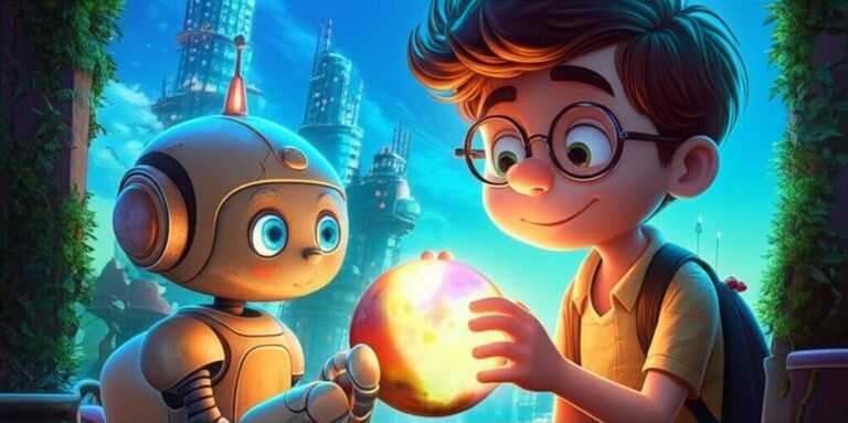História Infantil O Coração Enigma de Emoçãopolis. Ziraldo, o menino cientista, e sua robô Clarinha, em uma cidade futurista, desvendando um artefato que revela emoções e sentimentos complexos, numa cena de aventura e descoberta.