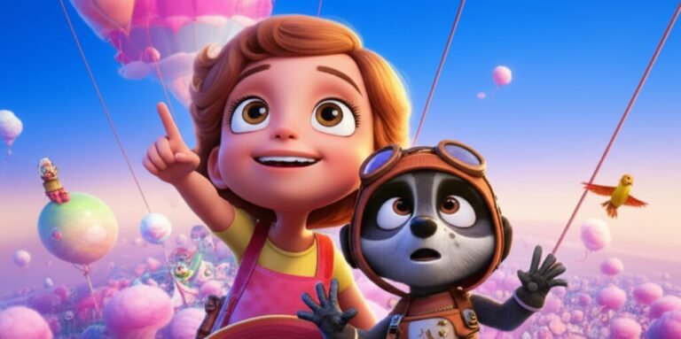 História Infantil sobre a menina Lila e o guaxinim Kiko explorando os sentimentos complexos na Vila Nuvem, com o Professor Sabichão. A imagem mostra os personagens em um balão, sobrevoando a cidade de nuvens.