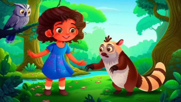 História Infantil sobre Empatia: A Melodia Secreta da Floresta Esplendorosa. Imagem de Júlia, Tico (um tamanduá) e Aurora (uma coruja) em uma floresta colorida, simbolizando a empatia e a amizade.