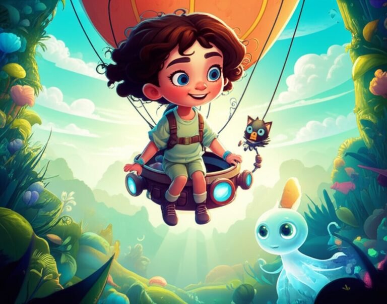 História Infantil: Imagem vibrante de Nina, uma jovem inventora em seu balão explorador, sobrevoando o Vale dos Sussurros que está sendo iluminado por raios de sol. O ser de névoa Arion e as plantas luminescentes estão recuperando seu brilho, representando a empatia e a restauração da melodia do vale.