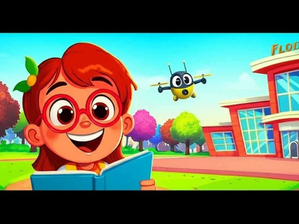 História Infantil: Uma menina sorridente chamada Lila, com óculos redondos e um caderno, em um cenário de escola com um drone voando no céu azul, ilustrando a História Infantil O Caderno Voador de Lila.