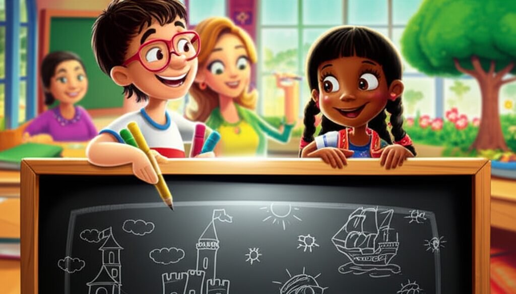 História Infantil: Ilustração vibrante de Pedro e Marina na Escola do Bosque Encantado, interagindo com um quadro negro que mostra cenas históricas imaginárias e brilhantes, ao lado da Professora Elisa, para a história O Segredo do Quadro Brilhante da Professora Elisa.