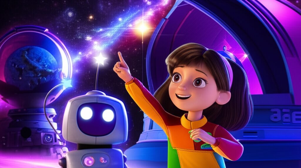 Uma menina e um robô observando as estrelas em um observatório espacial, ilustrando a História Infantil A Jornada Estelar de Lila e o Robô Curioso e a aventura da exploração do espaço.