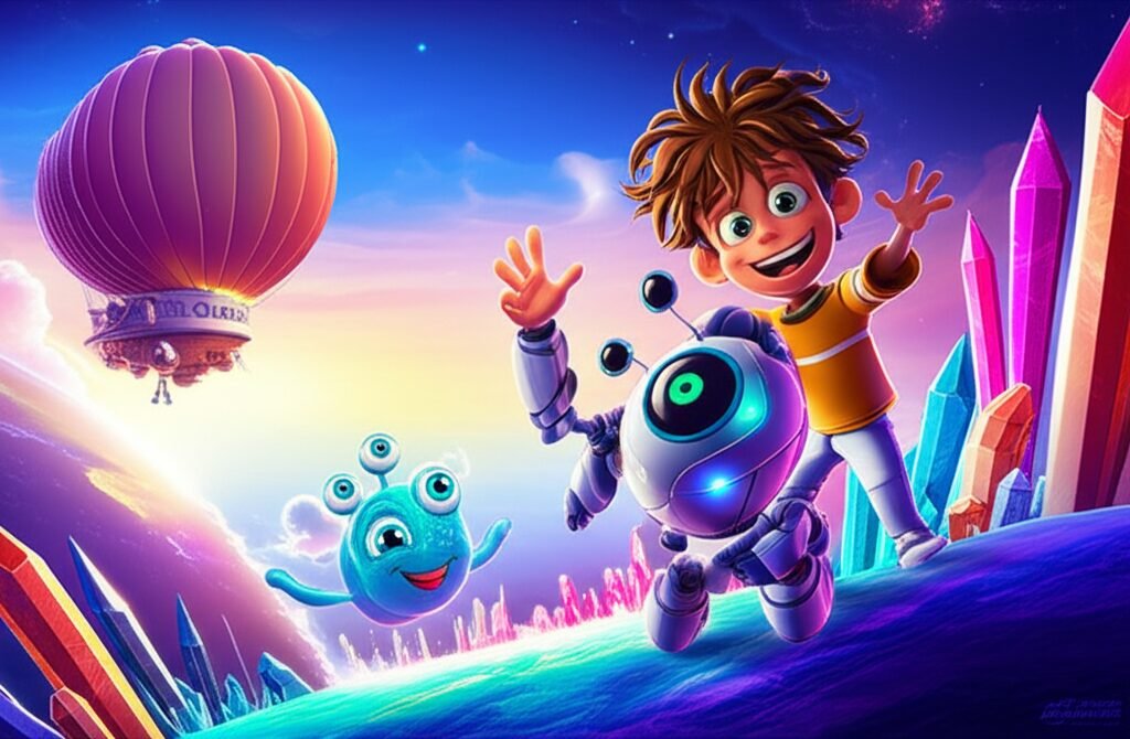 Ilustração da História Infantil sobre Espaço: A Jornada de Leo ao Planeta Lumina, mostrando o menino Leo, o Robô Alfa e a criatura Zaz explorando um planeta de cristais coloridos.
