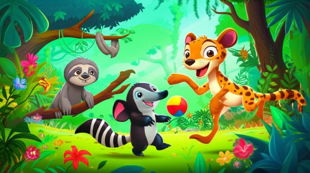 História Infantil: Ilustração de Zeca, Lírio e Bento em uma floresta, participando de uma corrida divertida, simbolizando a amizade e os esportes.