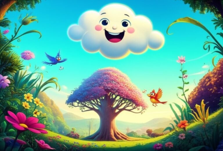 História Infantil O Segredo da Dança do Vale Despertar: Ilustração de Nuvenzinha Nina, Seu Ipê e Sabiá Pipoca incentivando as plantas a se exercitarem no Vale do Despertar, com cores vivas e muita alegria.