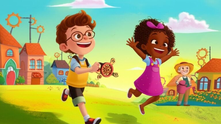 História Infantil sobre Exercícios: Ilustração de crianças alegres, Joaquim e Lia, correndo em um campo vibrante na Vila da Engrenagem Feliz, simbolizando movimento e amizade.