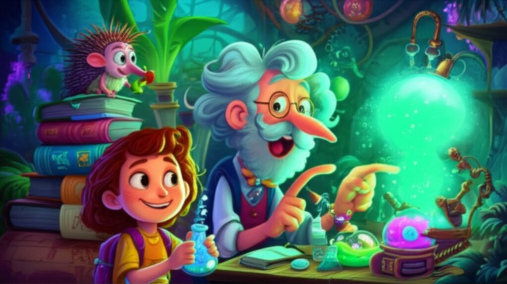 Uma ilustração da História Infantil A Máquina de Curiosidade do Professor Faísca, com o Professor Osvaldo Faísca, a menina Lia e o ouriço Blink em um laboratório colorido, explorando um experimento científico com uma máquina que solta fumaça cintilante.