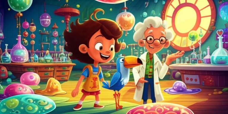 História Infantil: Uma ilustração vibrante mostrando Luna, Professor Jubileu e Tico o tucano em um laboratório cheio de bolhas coloridas, trabalhando em um experimento científico divertido.