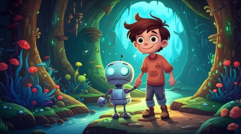 História Infantil com ilustração de Léo e o robô Bento explorando um ambiente subterrâneo iluminado por musgos e cristais, refletindo a aventura da Descoberta Luminosa.