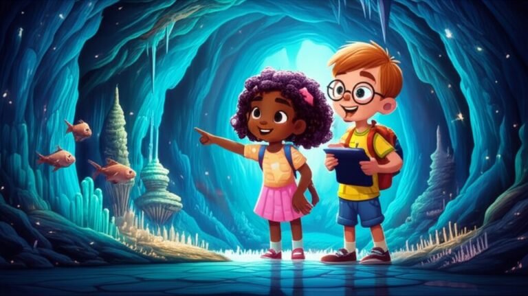 História Infantil: Imagem dos personagens Isadora e Léo explorando a Caverna Azul Brilhante, que brilha com uma luz azul intensa, simbolizando a aventura e a descoberta da história História Infantil sobre Exploração: O Segredo da Caverna Azul Brilhante.