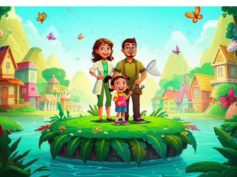 História Infantil sobre Familia: Ilustração da Família Girassol (Dona Flora, Seu Bento e Duda) trabalhando juntos para cuidar do misterioso jardim flutuante.