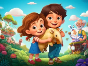 História Infantil sobre família, destacando Aurora e Pipoca em um jardim suspenso flutuante, simbolizando a união e a aventura familiar.