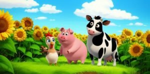 Imagem de capa da História Infantil sobre a Fazenda Florescer, mostrando a galinha Pipoca, o porco Beto e a vaca Malhada em um campo de girassóis, transmitindo alegria e aventura.