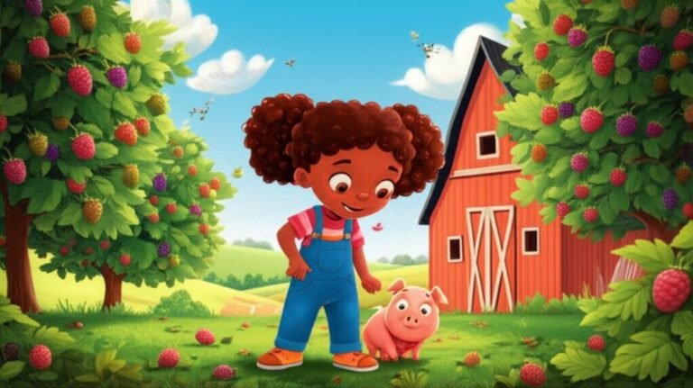 Uma imagem da História Infantil A Incrível Aventura de Lili e o Porquinho Sabichão, mostrando a menina Lili e o porquinho Joca em uma fazenda.