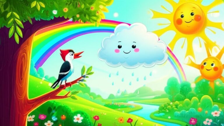 Ilustração vibrante da História Infantil sobre Fenômenos Naturais: A Dança do Céu e da Vida, com uma nuvem gentil, um raio de sol alegre e uma pica-pau observadora, com um arco-íris ao fundo.