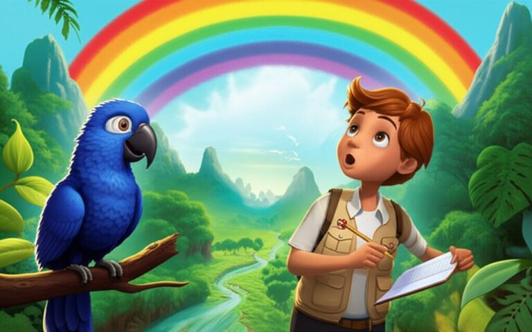 História Infantil sobre Fenômenos Naturais: A Sinfonia Secreta do Vale Sussurrante, mostrando um menino e uma arara-azul-de-lear observando um arco-íris em um vale exuberante.