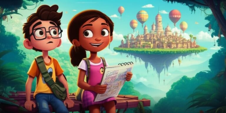 História Infantil O Enigma da Cidade Flutuante de Arumã, com Pedro e Lara explorando a cidade suspensa, um menino de óculos e uma menina com um caderno, em um cenário vibrante de aventura.