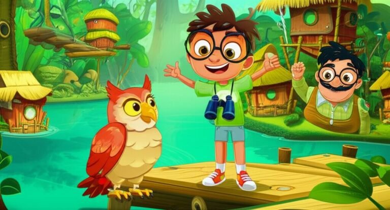 História Infantil sobre Léo e o Segredo da Vila Escondida, apresentando o menino Léo e a coruja Melodia explorando a tecnológica e natural Vila de Aguapé na Amazônia.