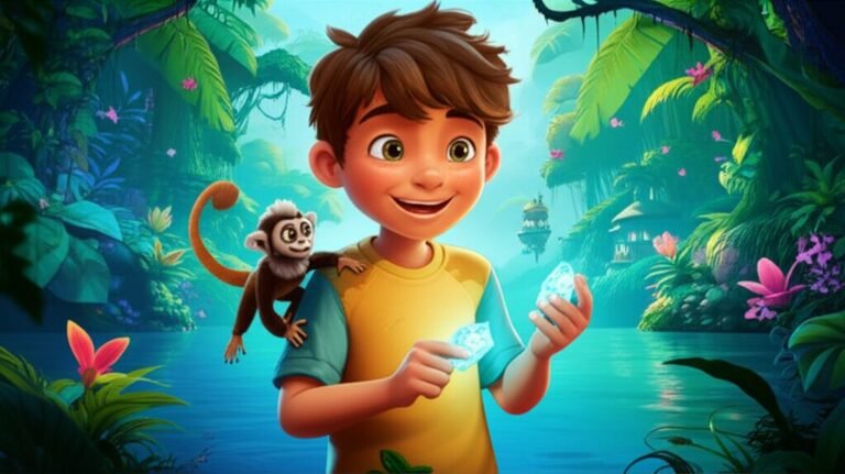 História Infantil sobre as férias: O Segredo da Floresta Cintilante. Léo e Joca na floresta amazônica, com o cristal que brilha, representando a descoberta e a aventura.