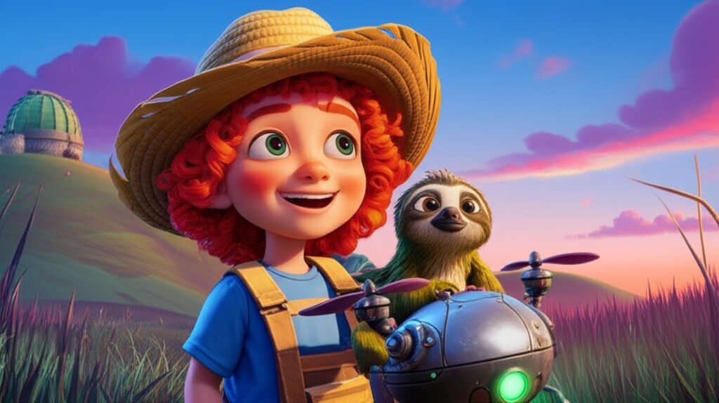 Imagem ilustrativa da História Infantil sobre As Férias: O Segredo Luminoso da Planície Esquecida, mostrando a menina Lia, o bicho-preguiça Sabichão e o drone Zeca em uma planície com plantas luminosas.