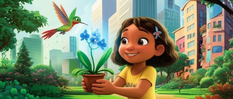 História Infantil sobre Flores: Uma menina sorridente e um beija-flor admiram uma orquídea azul-cintilante em um jardim vibrante, com prédios cinzentos ao fundo, simbolizando a beleza e a esperança trazidas pela flor na história infantil.