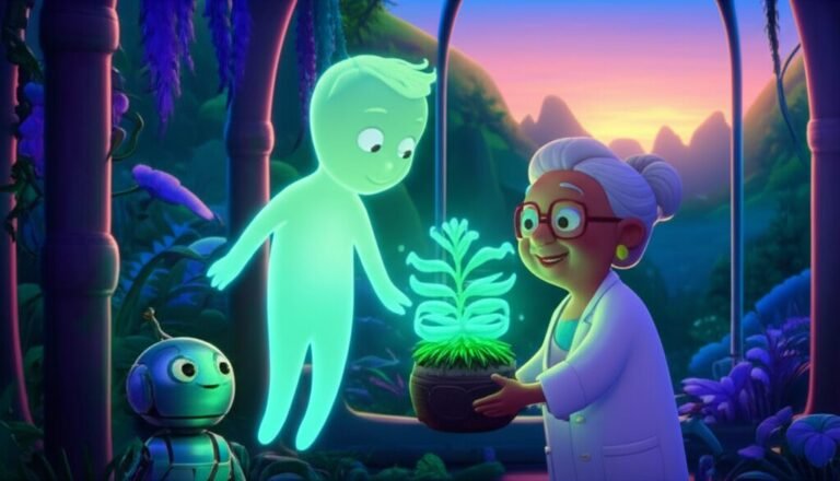 Imagem da História Infantil sobre o fogo, A Chama Curiosa de Faísca, mostrando o personagem Faísca, Dona Florência e Quinho em uma estufa futurista.