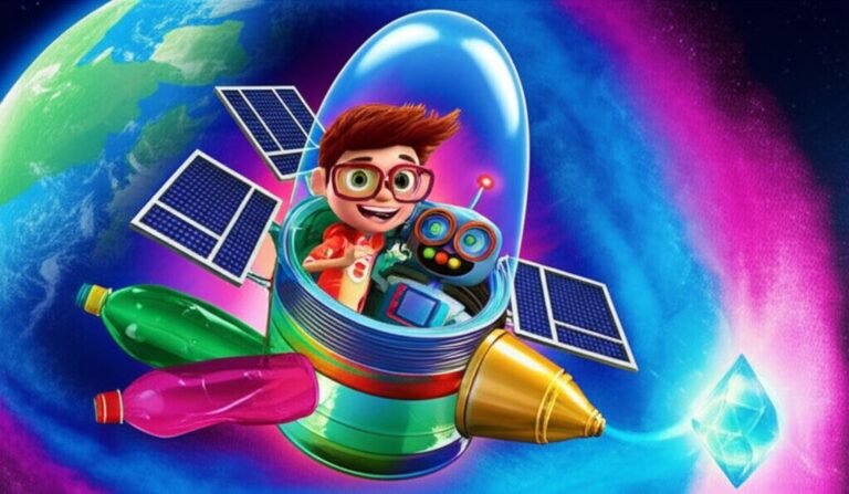 História Infantil: Ilustração de Léo e Faísca, dentro de um foguete feito de sucata, voando no espaço em direção à Aurora Cósmica e ao asteroide Cristal Estelar, representando a aventura e a descoberta da História Infantil A Jornada Cósmica de Léo e o Astro-Amigo.