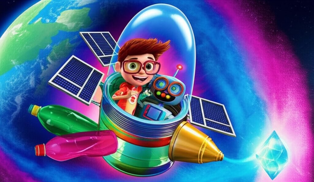 História Infantil: Ilustração de Léo e Faísca, dentro de um foguete feito de sucata, voando no espaço em direção à Aurora Cósmica e ao asteroide Cristal Estelar, representando a aventura e a descoberta da História Infantil A Jornada Cósmica de Léo e o Astro-Amigo.