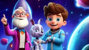 História Infantil sobre um menino, seu cão robô e seu avô cientista em frente a um foguete espacial, prontos para uma aventura no espaço. A imagem transmite a emoção da descoberta e da ciência.