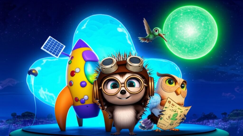 Imagem da História Infantil O Grande Salto de Zeca e a Estrela Cadente de Água, apresentando Zeca, Dora e Pipoca prontos para a decolagem em seu foguete.