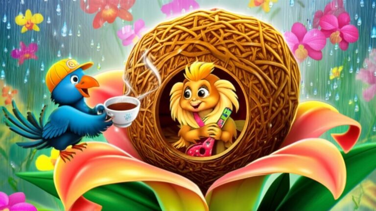 História Infantil: Ilustração vívida de Seu Bento, o João-de-Barro, e Dona Lila, o Mico-Leão-Dourado, em sua amigável interação na colorida Cidade das Orquídeas Flutuantes.