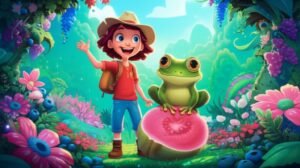 História Infantil sobre Frutas: O Mistério da Goiaba Gigante. Uma ilustração vibrante de uma menina e um sapo explorando um vale de frutas gigantes e coloridas, destacando a aventura da história.