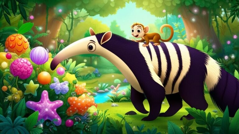 Uma vibrante ilustração infantil da História Infantil sobre Frutas: O Segredo da Floresta Cintilante, mostrando a tamanduá Bia e o sagui Caju maravilhados diante de um arbusto com frutas coloridas e exóticas em uma floresta cintilante.