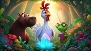 Uma ilustração da História Infantil Clara e o Enigma do Jardim Sussurrante, mostrando a galinha Clara, a capivara Zeca e a rã Lila juntos em um jardim mágico, simbolizando a amizade e a exploração.