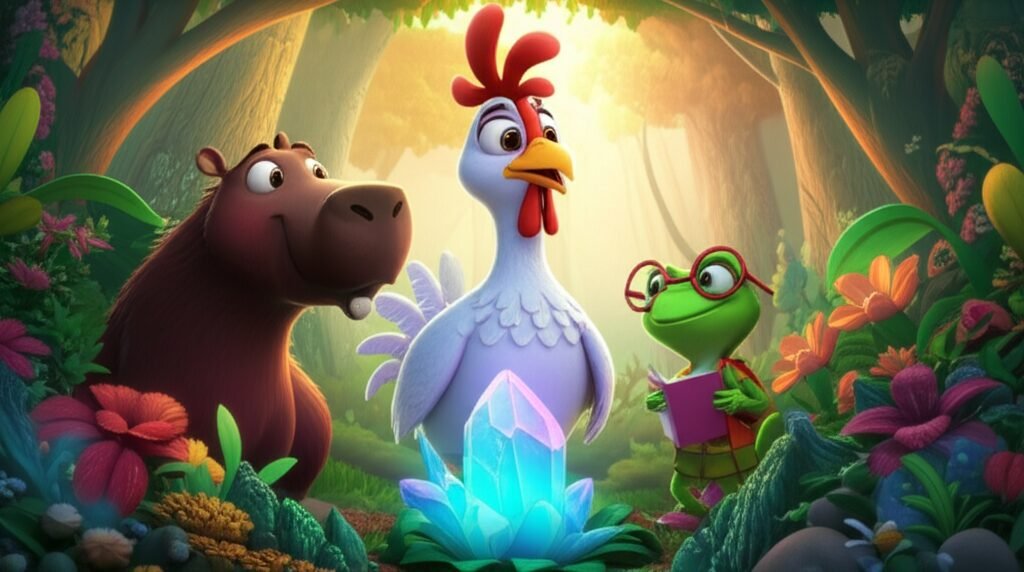 Uma ilustração da História Infantil Clara e o Enigma do Jardim Sussurrante, mostrando a galinha Clara, a capivara Zeca e a rã Lila juntos em um jardim mágico, simbolizando a amizade e a exploração.