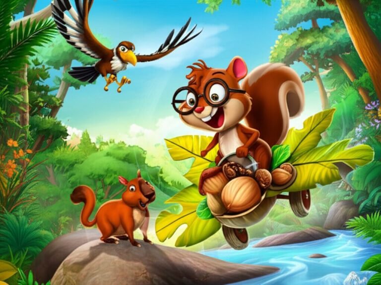 Ilustração da História Infantil O Torneio da Floresta Serena, mostrando o esquilo Afonso voando em seu planador, a capivara Janaína atravessando o rio e o gavião Caio voando no céu.