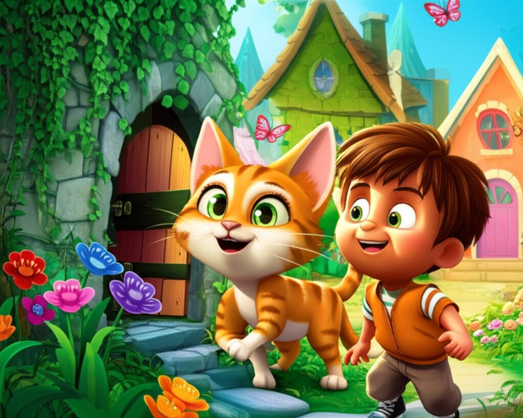 Uma gatinha listrada e um menino sorridente abrindo uma porta secreta para um jardim exuberante, representando a História Infantil sobre Gato: A Aventura de Aurora na Vila Tortinha.