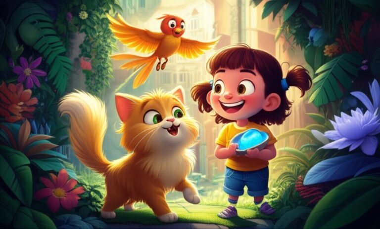 História Infantil O Bigode Curioso de Biscoito. Ilustração do gato Biscoito, a menina Cecília e o Canário Pipoca em um jardim vertical secreto.