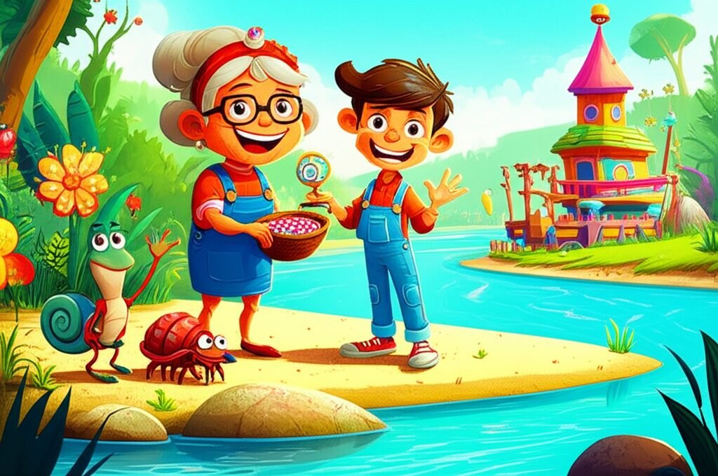 História Infantil O Presente Inesperado do Rio Azul, com Júlio, Dona Cotovia e o caranguejo Bento, mostrando generosidade e cooperação à beira de um rio.