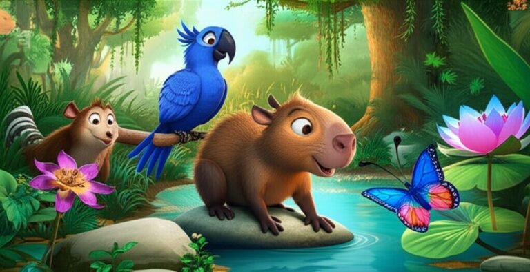 Uma cena colorida da História Infantil sobre Gentileza, mostrando a capivara Joca desobstruindo um riacho com a ajuda da arara Dona Esmeralda e a observação do tamanduá Calixto.
